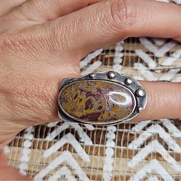 Navajo Ring Vintage Sterling & Jasper Modernist Ring Size 6.5 - Picture 4 of 15